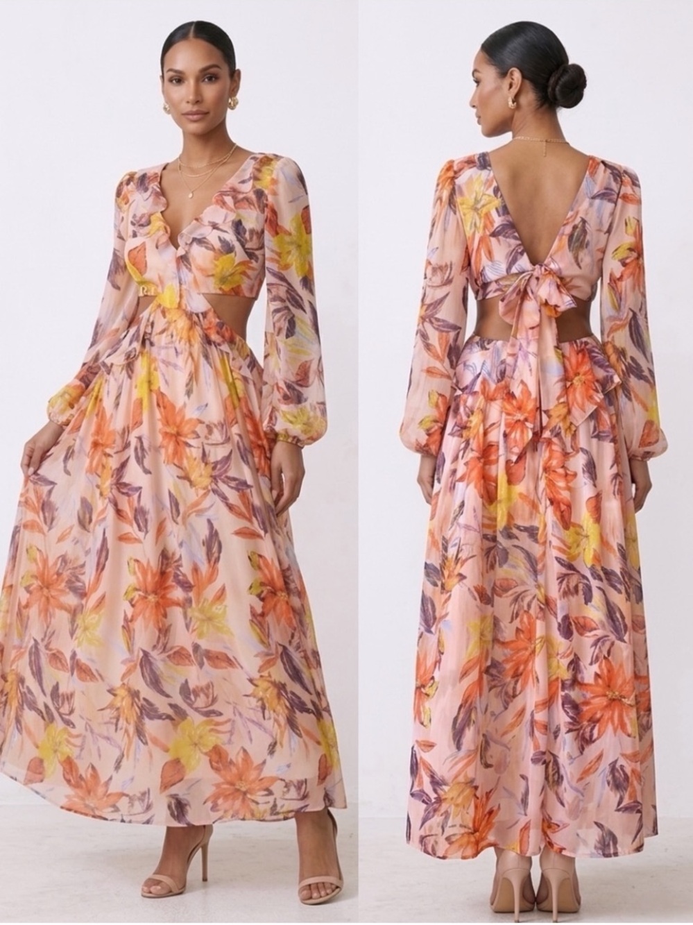 NWT The Sang Orange Flower Cut Out Maxi Dress Small Floral Boho Backless Resort